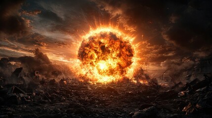 Wall Mural - a fiery explosion in the sky with a bright sun in the middle