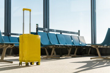 Fototapete - Travel, The suitcases in an empty airport hall, traveler cases in the departure airport terminal waiting for the area, vacation concept, blank space for text message or design, luggage for travel.