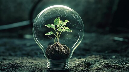 Poster - sapling growing inside a light bulb on soil, symbolic eco-friendly innovation concept