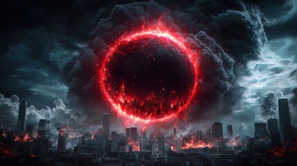 Wall Mural - a red circle is in the middle of a city with a lot of smoke and fire