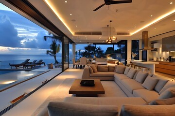 Poster - Luxurious modern living room with a neutral palette, oversized sectional, and glass partitions to create a seamless indoor-outdoor flow. interior design concept 