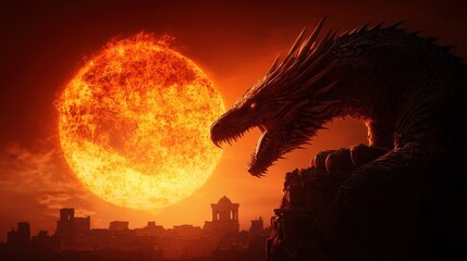 Wall Mural - a dragon is standing in front of a large orange sun