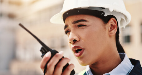 Poster - Radio, construction and talking with woman in city for architecture, building site or communication. Engineer, contractor and project manager with person in outdoor for urban development update