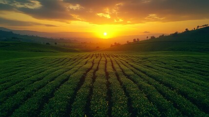 Poster - Warm sunlight casts a golden hue over expansive tea plantations nestled in rolling hills. The tranquil atmosphere during dusk offers a peaceful view of nature's beauty.