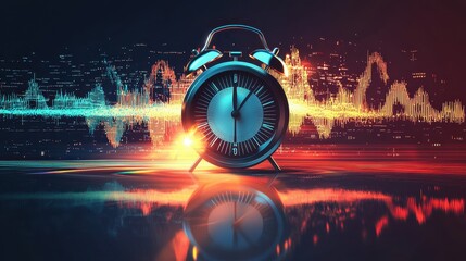 Poster - Vibrant Alarm Clock Icon with Sound Waves Representing Ringing and Wake Up Features