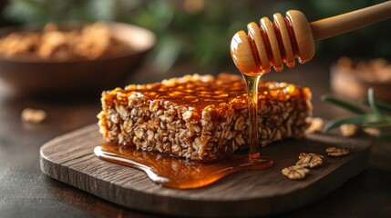 Wall Mural - A honey-drizzled granola bar on a wooden board, emphasizing a healthy snack option.