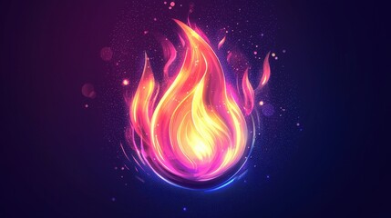 Poster - Glowing Fire Icon on Dark Background with Vibrant Colors and Dynamic Flames Design
