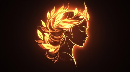 Poster - Glowing Fire Icon Illustration with Soft Radiance and Elegant Leaves in Profile View