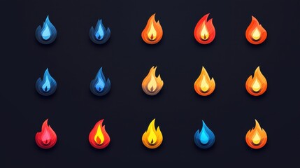 Poster - Minimalistic Flat Fire Icons with Bright Colors for Modern Design Projects