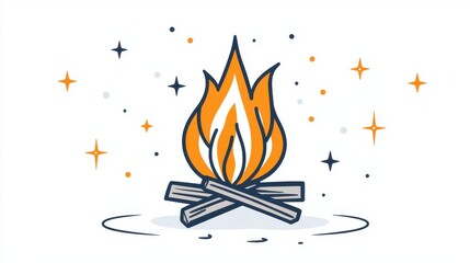 Poster - Simple Outline Icon of a Flame with Firewood on White Background for Creative Use