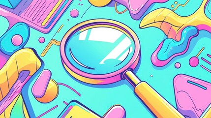 Poster - Colorful Magnifying Glass Illustration in Cartoon Style with Abstract Background Elements