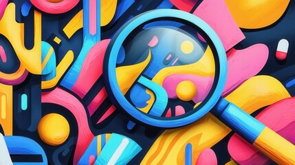 Poster - Colorful Magnifying Glass Illustration with Abstract Shapes and Patterns in a Cartoon Style