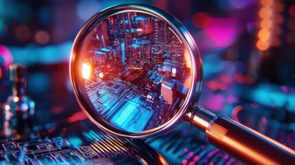 Poster - Magnifying Glass Zoom Tool Focusing on High-Tech Circuitry and Digital World Details