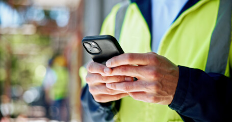 Poster - Hands, phone and construction site with texting, person or contact with info for building development. Engineer, smartphone and check with network, notification and mobile app at property in Spain