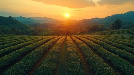 Poster - Golden sunlight casts a warm glow over expansive tea fields as the sun sets behind distant mountains.