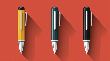 Poster - Modern Flat Design Icons of Sleek Pens with Stylish Edges on a Bold Red Background