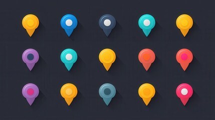 Poster - Colorful Location Markers on Dark Background for Map Icons and Navigation Concept