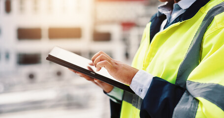 Poster - Hands, engineering and construction site with tablet, outdoor and designer for project or development. Person, technology and helmet for safety, infrastructure and industry in inspection or logistics