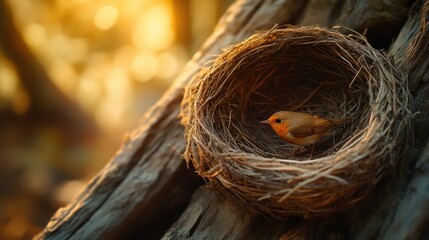 Poster - Robin bird nestled in a twig nest at sunset.