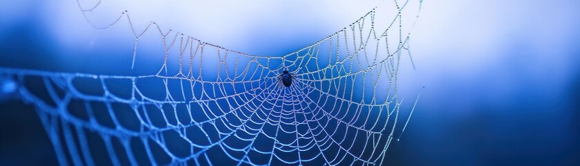 Dewdrops adorn a spiders intricate web a morning scene