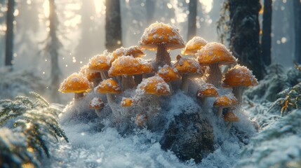 Sticker - Snow-covered orange mushrooms cluster in a winter forest.