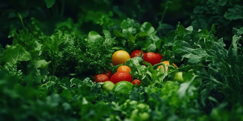 Wall Mural - Fresh and Vibrant Organic Vegetables Surrounded by Green Foliage