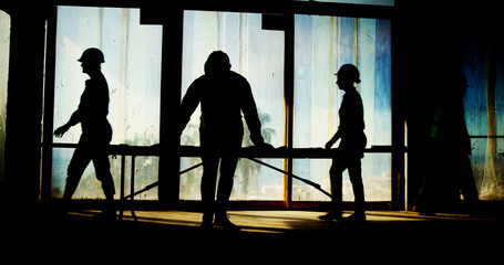 Poster - Silhouette, workers and architect with blueprint on site for building inspection, property development and compliance. Construction, contractor and reading floor design for remodeling or safety check