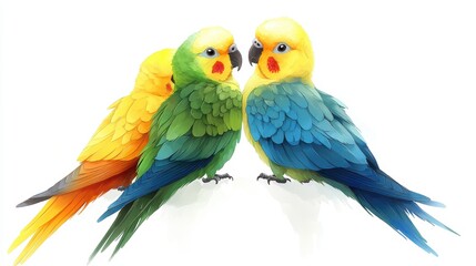 Naklejka na meble Three colorful parrots with vibrant feathers facing each other.