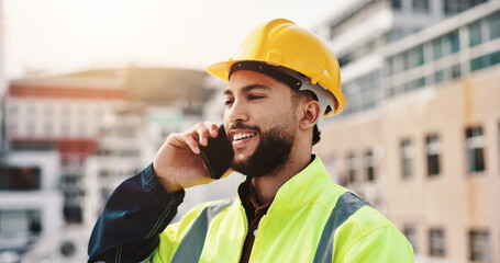 Aufkleber - Phone call, engineer and inspection with man in city for architecture, building or communication. Construction site, contractor and project manager with person in outdoor for urban development update