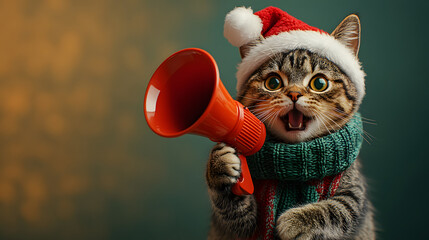 Wall Mural - A funny cat wearing a Christmas costume announcing with a megaphone