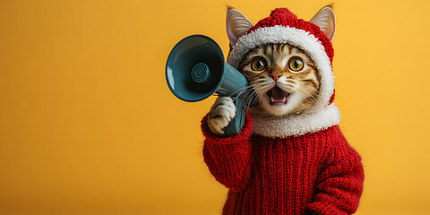 Wall Mural - A funny cat wearing a Christmas costume announcing with a megaphone