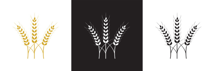 Set of simple wheats ears icons and wheat logo design elements for beer, organic fresh food corn farm, bakery themed agriculture design, grain element,  isolated on white and black background. EPS 10