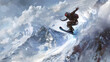 © Zyariss - Snowboarder performing aerial maneuver over snowy mountain range.