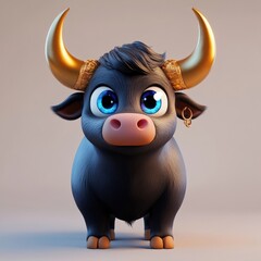 Wall Mural - cute cartoon bull character with big eyes and golden horns