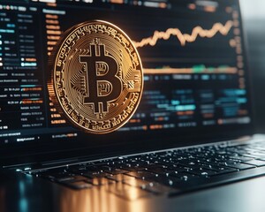 Poster - Futuristic Bitcoin and Trading Graph on Laptop in Modern Workspace
