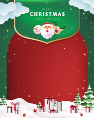 Wall Mural - merry christmas sign banner frame with empty space and festive decoration on christmas landscape sno