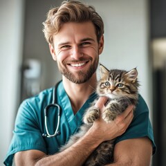 Aufkleber - Cropped image of handsome male veterinarian doctor with stethoscope holding cute fluffy striped kitten in arms in veterinary clinic on white background banner. cat and doctor