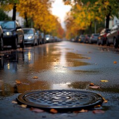 Poster - Sunny autumn day. A row of parked cars on the street. The road after the rain. Focus on the manhole cover. Close up view of a manhole cover at the level of the asphalt.