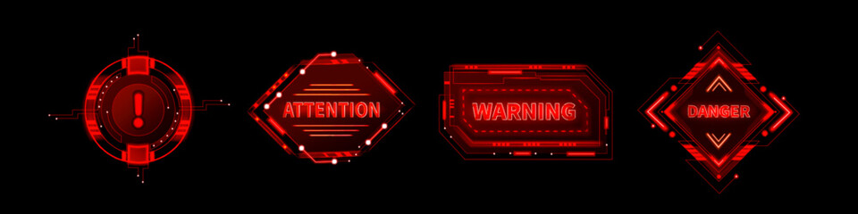 Leinwandbilder - Red hud danger alert. Cyber ui error frame sign. Tech caution hologram for interface. Futuristic scifi warning message graphic element. Military dashboard panel with emergency label and attention