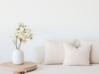 Poster - Minimalist Spring Living Room Decor with Neutral Tones and Fresh Flowers