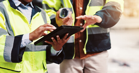 Poster - people, hands and tablet in city for engineering, urban development and project management. architec