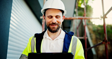 Poster - Construction site, typing and man with tablet, engineering and project for building renovation. Person, architecture and employee with hard hat, tech and connection with digital app, idea and network