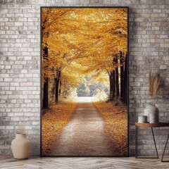 Poster - Beautiful forest with a footpath in autumn, with yellow tree branches hanging over the scene. Super-wide panoramic landscape.