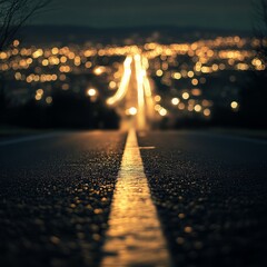 Aufkleber - asphalt road leading into the city at night. Selective focus. background