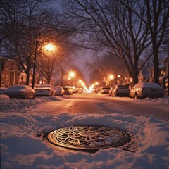 Leinwandbilder - Winter in the night city. Sidewalk in the yard. Residential area. A row of parked cars. Working lights. Snowfall. Juicy colors. Focus on the manhole cover. Close up view from sidewalk level.