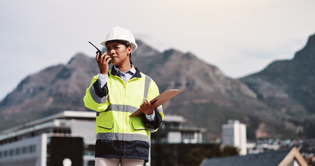 Poster - Radio, construction and inspection with woman in city for architecture, building site or communication. Engineer, clipboard and project manager with person in outdoor for urban development checklist