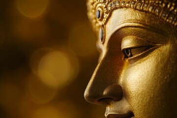 Wall Mural - Golden buddha statue close-up with intricate details and gentle expression