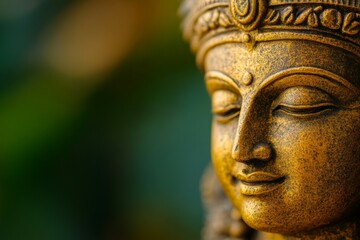 Wall Mural - Close-up of golden hindu deity statue with intricate details and serene expression