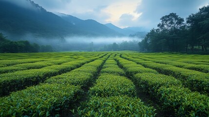 Poster - Expansive rows of vibrant green tea plants stretch across the serene landscape, framed by misty mountains in the early morning light.