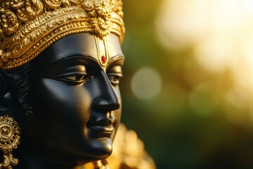 Wall Mural - Close-up of traditional indian deity statue with golden crown and bokeh background